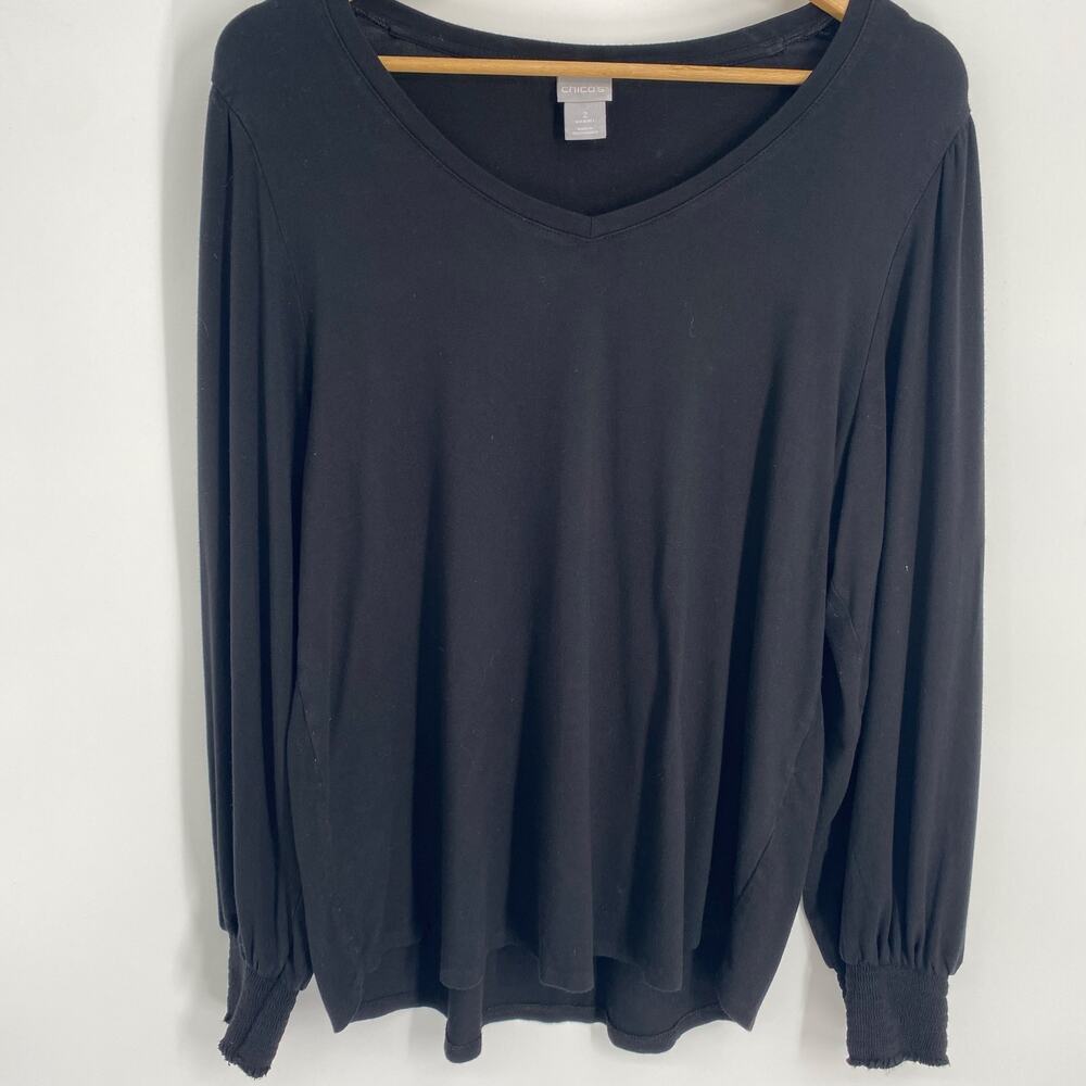 Chicos Top Women’s Large Black Balloon Sleeve Wide V Neck Bohemian Rayon Flowy‎